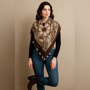 Berman Ipek Yolu Brown Floral Turkish Scarf Boho Tassel Shawl Wrap Vintage
